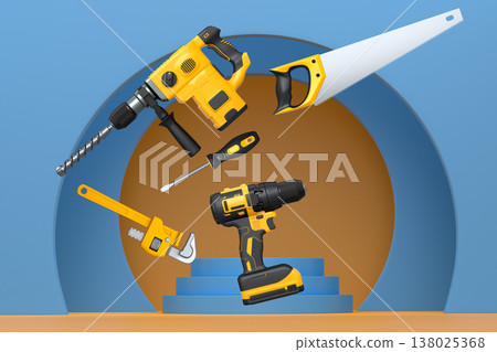 Construction tools and safety equipment floating over podium on abstract background, industrial work and protection concept Construction tools and safety equipment floating over podium on abstract background, industrial work and protection concept 138025368