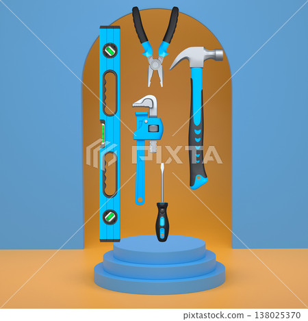 Construction tools and safety equipment floating over podium on abstract background, industrial work and protection concept Construction tools and safety equipment floating over podium on abstract background, industrial work and protection concept 138025370