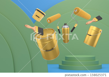 Brushes, paint bucket and roller brush floating in air over podium on abstract background, renovation and construction tools Brushes, paint bucket and roller brush floating in air over podium on abstract background, renovation and construction tools 138025371