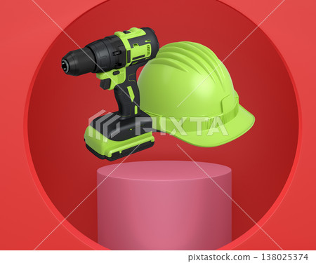 Cordless drill and safety helmet floating above podium, on abstract white background, construction concept Cordless drill and safety helmet floating above podium, on abstract white background, construction concept 138025374