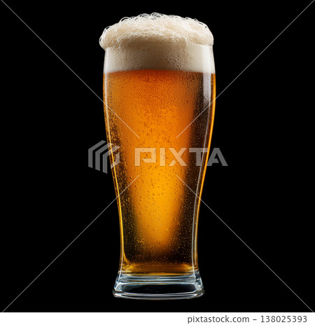 Foamy amber ale beer in a tall glass with creamy foam head, isolated on black background, concept of refreshment and taste Foamy amber ale beer in a tall glass with creamy foam head, isolated on black background, concept of refreshment and taste 138025393