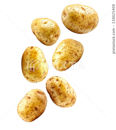 Fresh raw potatoes with skin, scattered and isolated on white background, concept of organic food ingredients Fresh raw potatoes with skin, scattered and isolated on white background, concept of organic food ingredients 138025409