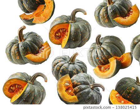 Assorted green and orange pumpkins scattered in a seamless pattern isolated on white background Assorted green and orange pumpkins scattered in a seamless pattern isolated on white background 138025415