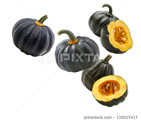 Assorted green and orange pumpkins scattered in a seamless pattern isolated on white background 138025417