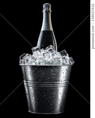 Champagne bottle in metal ice bucket, on black background with clipping path, concept of celebration 138025428