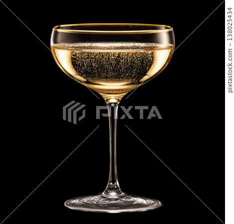 A filled champagne coupe glass with golden bubbles on black background with clipping path 138025434
