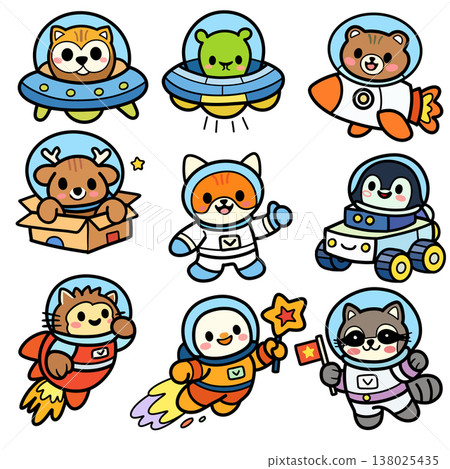 Cute animal astronaut space suit spaceship rocket cartoon happy playful colorful white background Cute animal astronaut space suit spaceship rocket cartoon happy playful colorful white background 138025435