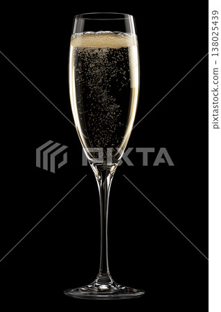 Crystal champagne flute filled with sparkling drink on black background with clipping path 138025439