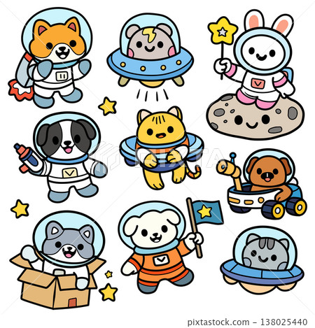 Cute animal astronaut space suit spaceship moon flag cartoon happy star adventure 138025440