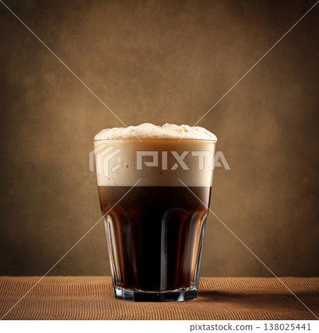 Glass of dark stout beer with foam on brown wooden table and solid backdrop, concept of refreshment and taste feel 138025441