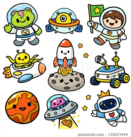 Cartoon astronaut, alien, rocket, planet, spaceship, rover, and stars in colorful space adventure Cartoon astronaut, alien, rocket, planet, spaceship, rover, and stars in colorful space adventure 138025444