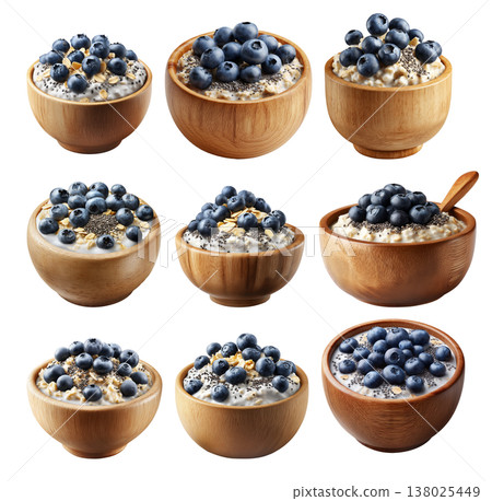 Wooden bowl filled with creamy oatmeal topped with fresh blueberries and chia seeds, isolated on white transparent background Wooden bowl filled with creamy oatmeal topped with fresh blueberries and chia seeds, isolated on white transparent background 138025449