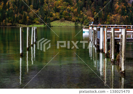Wooden ferries and docks on Königssee in Germany in autumn Wooden ferries and docks on Königssee in Germany in autumn 138025470