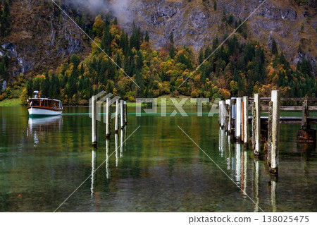 Wooden ferries and docks on Königssee in Germany in autumn Wooden ferries and docks on Königssee in Germany in autumn 138025475