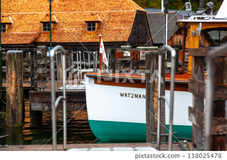 Wooden ferries and docks on Königssee in Germany in autumn Wooden ferries and docks on Königssee in Germany in autumn 138025478
