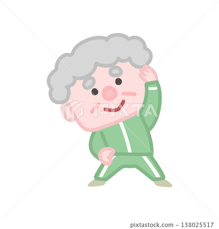 一組可愛的插圖，描繪了穿著運動服鍛鍊的老年男性。 138025517