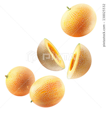 Fresh cantaloupe melon slices arranged in a seamless pattern isolated on white background, summer fruit freshness and health 138025532