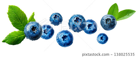 Close-up of ripe blueberries with water droplets and green leaves on white background, symbolizing freshness and healthy eating Close-up of ripe blueberries with water droplets and green leaves on white background, symbolizing freshness and healthy eating 138025535