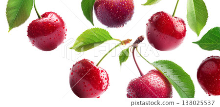 Juicy red cherries with fresh green leaves and water droplets, isolated on a white background, concept of freshness Juicy red cherries with fresh green leaves and water droplets, isolated on a white background, concept of freshness 138025537
