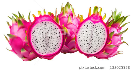 Whole and halved dragon fruits with vibrant pink skin and white flesh with seeds, on white background, concept of tropical food Whole and halved dragon fruits with vibrant pink skin and white flesh with seeds, on white background, concept of tropical food 138025538