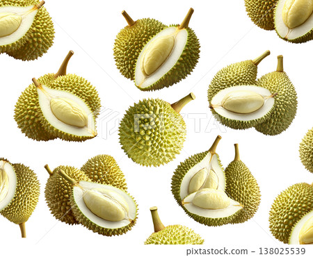 Whole and cut durian fruits arranged in a seamless pattern, isolated on white background. Concept of tropical food and exotic fruit Whole and cut durian fruits arranged in a seamless pattern, isolated on white background. Concept of tropical food and exotic fruit 138025539