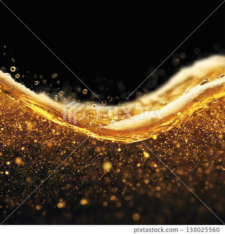 Golden foamy liquid splash and golden beer wave with frothy bubbles on dark background, concept of freshness, energy and vitality 138025560