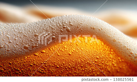 Closeup view of curved beer foam and golden bubbles on warm blurred background, expressing freshness concept Closeup view of curved beer foam and golden bubbles on warm blurred background, expressing freshness concept 138025561
