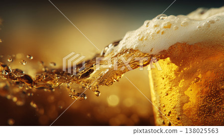 A dynamic splash of golden beer overflowing with foam on warm blurred background, concept of refreshment and celebration A dynamic splash of golden beer overflowing with foam on warm blurred background, concept of refreshment and celebration 138025563