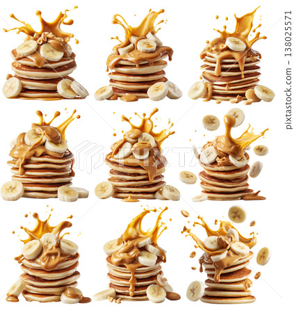 Stack of pancakes topped with banana slices and peanut butter splash isolated on white transparent background Stack of pancakes topped with banana slices and peanut butter splash isolated on white transparent background 138025571