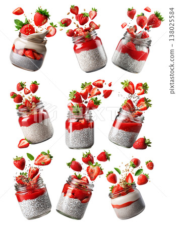 Chia pudding in glass jar with strawberries, nuts, and mint flying above isolated on white transparent background 138025584