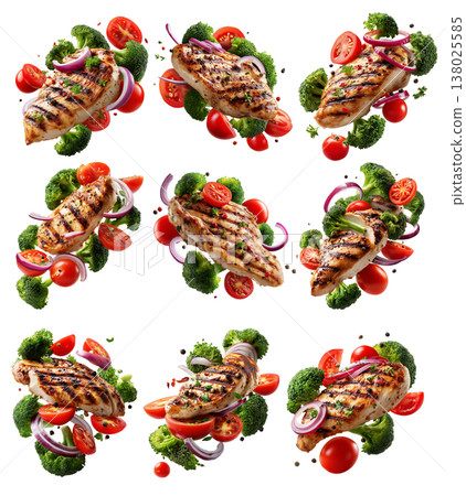 Grilled chicken breast with fresh broccoli florets and ripe tomatoes on white background. Concept of healthy food and fitness 138025585