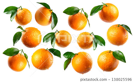 Whole and halved fresh oranges with green leaves, isolated on white background, concept of freshness and healthy food Whole and halved fresh oranges with green leaves, isolated on white background, concept of freshness and healthy food 138025596