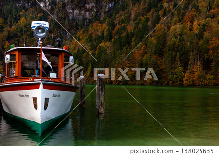 Wooden ferries and docks on Königssee in Germany in autumn 138025635
