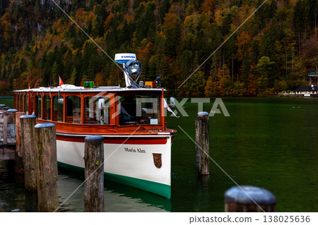 Wooden ferries and docks on Königssee in Germany in autumn Wooden ferries and docks on Königssee in Germany in autumn 138025636