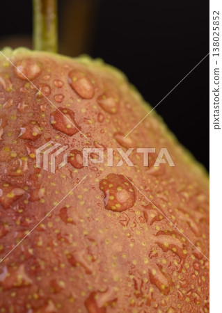 wet ripe green-red ripe pears on the table, several ripe hard and juicy pears are lying on a bowl on the kitchen table, the pears are covered with drops of water, close up wet ripe green-red ripe pears on the table, several ripe hard and juicy pears are lying on a bowl on the kitchen table, the pears are covered with drops of water, close up 138025852