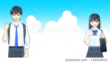一幅動漫風格的插畫，描繪了身著夏裝的高中或初中男生女生，背景是廣闊的藍天。 138026020
