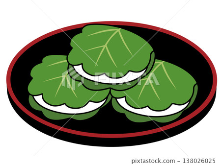 Illustration of kashiwa mochi (rice cakes wrapped in oak leaves) for Tango no Sekku (Boys' Festival) - 3 pieces (served on a tray) Illustration of kashiwa mochi (rice cakes wrapped in oak leaves) for Tango no Sekku (Boys' Festival) - 3 pieces (served on a tray) 138026025