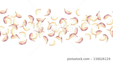 Garlic cloves with and without peel seamless border. Watercolor fragrant vegetables food hot seasoning. Hand painted illustration isolated from background for product packaging, kitchen fabric pattern 138026129