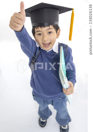 Happy School Boy with Backpack and Books Giving Thumbs Up, 138026136