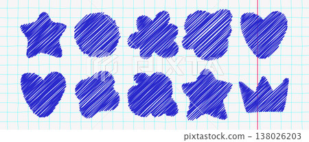 Chaotic pen scribble set with rough brush scratches and playful doodle shapes. Expressive messy strokes create dynamic abstract textures for bold modern layouts. 138026203