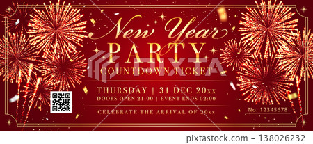 Red and gold New Year's party countdown ticket - with a spectacular fireworks design Red and gold New Year's party countdown ticket - with a spectacular fireworks design 138026232