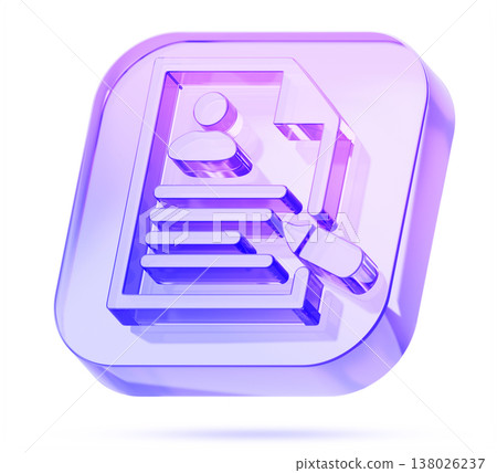3D glass hologram resume builder square button. CV maker icon for app, ui design. Job application, recruitment, human resources. Iridescent transparent document with profile and pen. 3D illustration 138026237