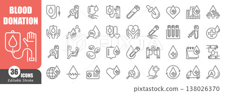 Blood donation thin line icons set. Charity, transfusion, laboratory test, and medical healthcare linear vector symbols. Blood donation thin line icons set. Charity, transfusion, laboratory test, and medical healthcare linear vector symbols. 138026370