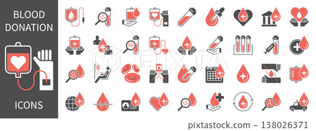 Blood donation glyph or solid line icons set. Charity, transfusion, laboratory test, and medical healthcare vector symbols. 138026371