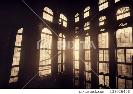 dark gothic abandoned ancient chapel hall interior with tall narrow windows, neural network generated art 138026408
