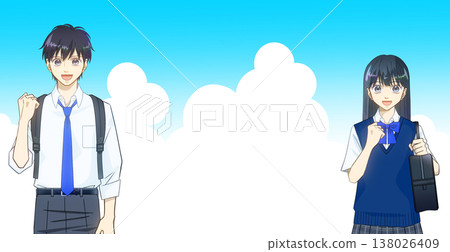 一幅動漫風格的插畫,描繪了身著夏裝的高中或初中男生女生,背景是廣闊的藍天。 一幅動漫風格的插畫,描繪了身著夏裝的高中或初中男生女生,背景是廣闊的藍天。 138026409