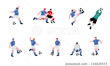A set of illustrations of men playing soccer. 138026555