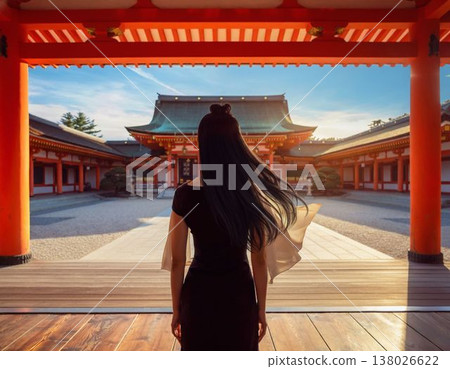 A young woman standing in the grounds of a shrine. 138026622