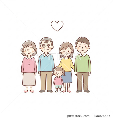 一幅溫馨的三代同堂家庭插畫 | 祖父母、父母和孩子們燦爛的笑容合影 138026643