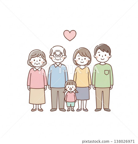 一幅溫馨的三代同堂家庭插畫 | 祖父母、父母和孩子們燦爛的笑容合影 138026971